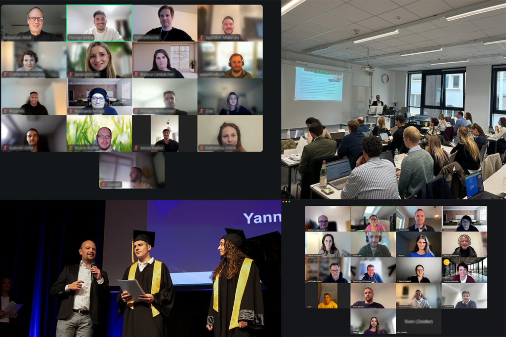 Collage zum hybriden Studienmodell der Digital Business School: Live-Online-Vorlesungen, Präsenzunterricht am HfWU Campus Nürtingen und feierliche Absolventenverabschiedung mit Prof. Dr. Stefan Detscher.