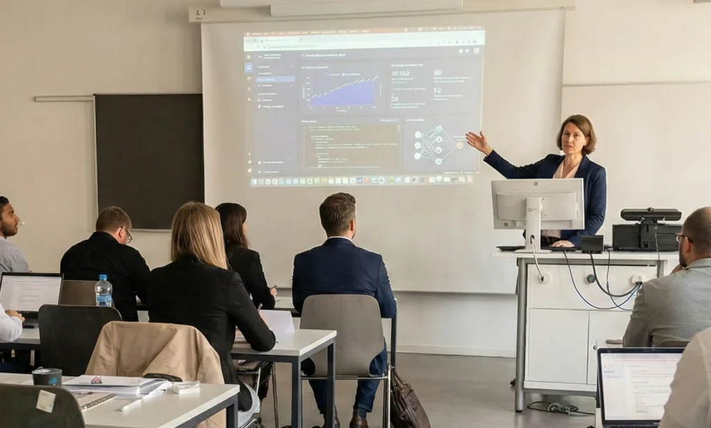 Dozentin präsentiert Datenanalysen und die Struktur eines neuronalen Netzes während einer Vorlesung im Master AI und Data Science vor Studierenden.