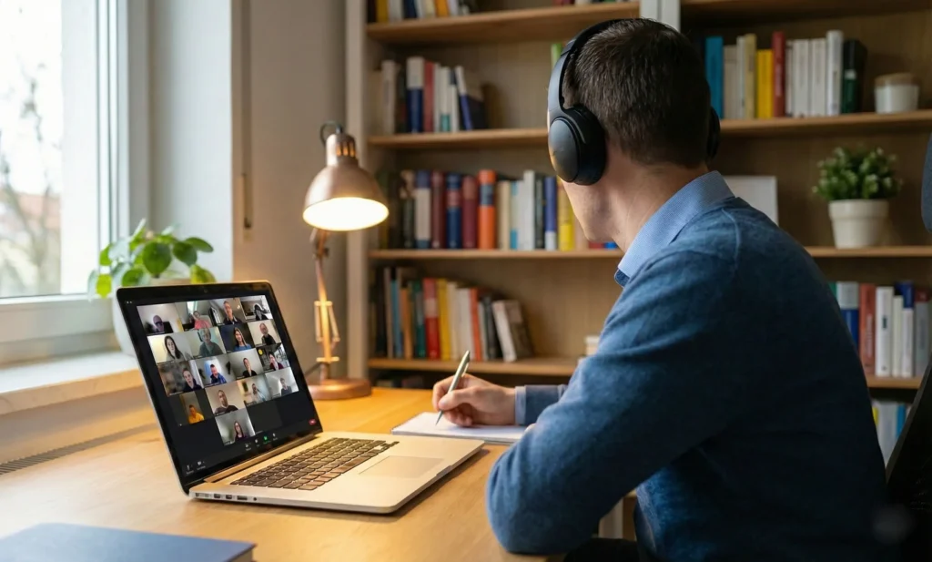 Ein Student des Masterstudiengangs AI und Data Science nimmt mit Kopfhörern an einer interaktiven Online-Vorlesung am Laptop teil.