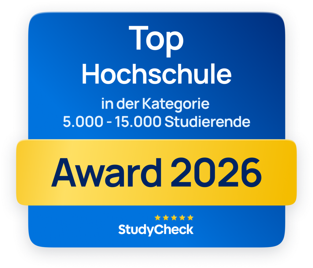 Auszeichnung als Top Hochschule 2026 für die HfWU in der Kategorie 5.000 bis 15.000 Studierende durch StudyCheck.