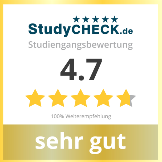 Auszeichnung der Digital Business School auf StudyCheck.de: Top-Bewertung von 4,7 Sternen, Prädikat "sehr gut" und 100% Weiterempfehlungsrate.
