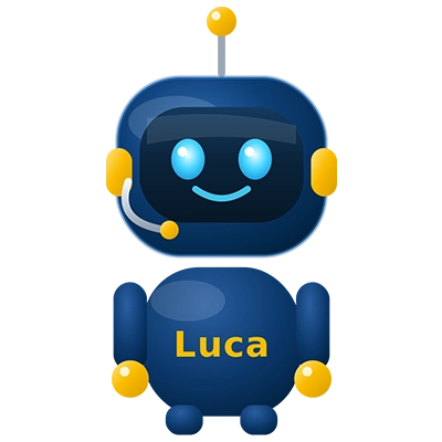 DBS Luca, ein freundlicher blauer Roboter mit Headset, der Dir bei der Wahl Deines Studienprogramms hilft
